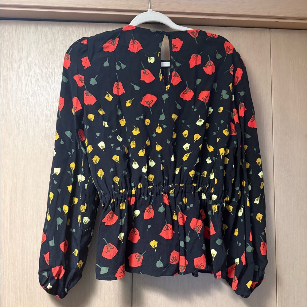 Banana Republic Black Blouse with Red and Yellow Floral Design